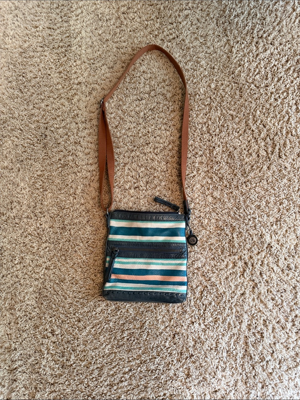 Striped Crossbody Shoulder Bag in Teal, Blue, Peach and Tan